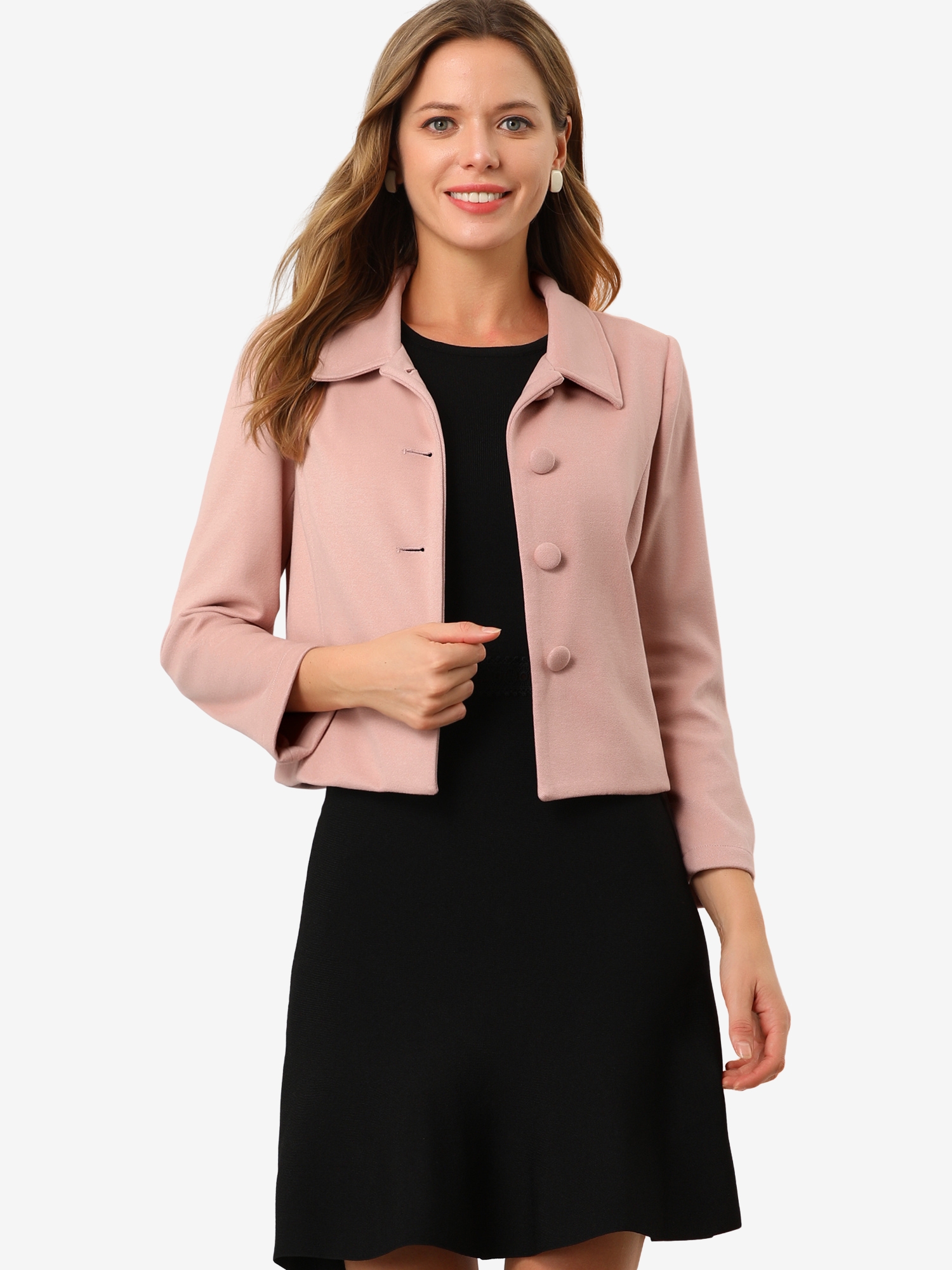 Pointed Collar Single Breasted Slant Pocket Cropped Pea Coat Pink/S - Allegra K catalog