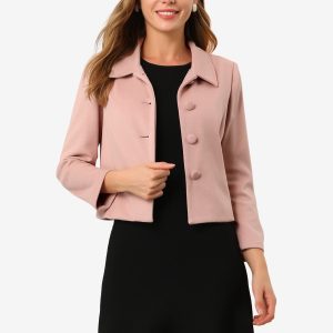 Pointed Collar Single Breasted Slant Pocket Cropped Pea Coat Pink/XL - Allegra K catalog