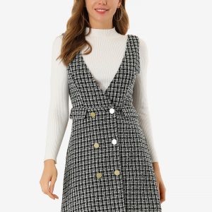 Elegant Button Front V Neck Plaid Tweed Overalls Pinafore Dress Black/XS - Allegra K catalog