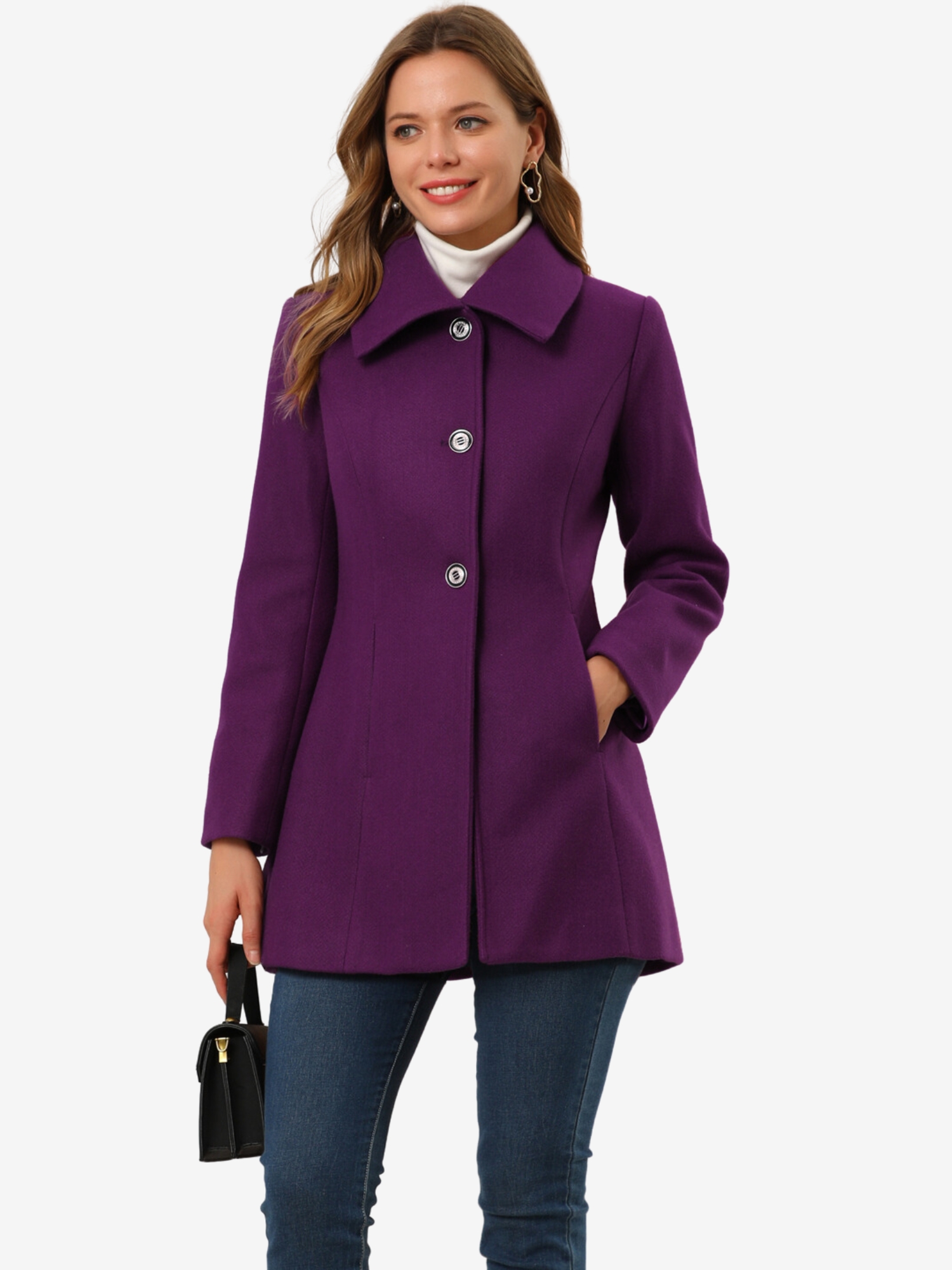 Turn Down Collar Overcoat A-Line Single Breasted Winter Coat Purple/L - Allegra K catalog