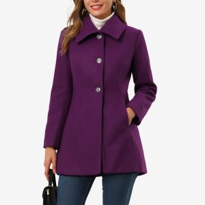 Turn Down Collar Overcoat A-Line Single Breasted Winter Coat Purple/XL - Allegra K catalog