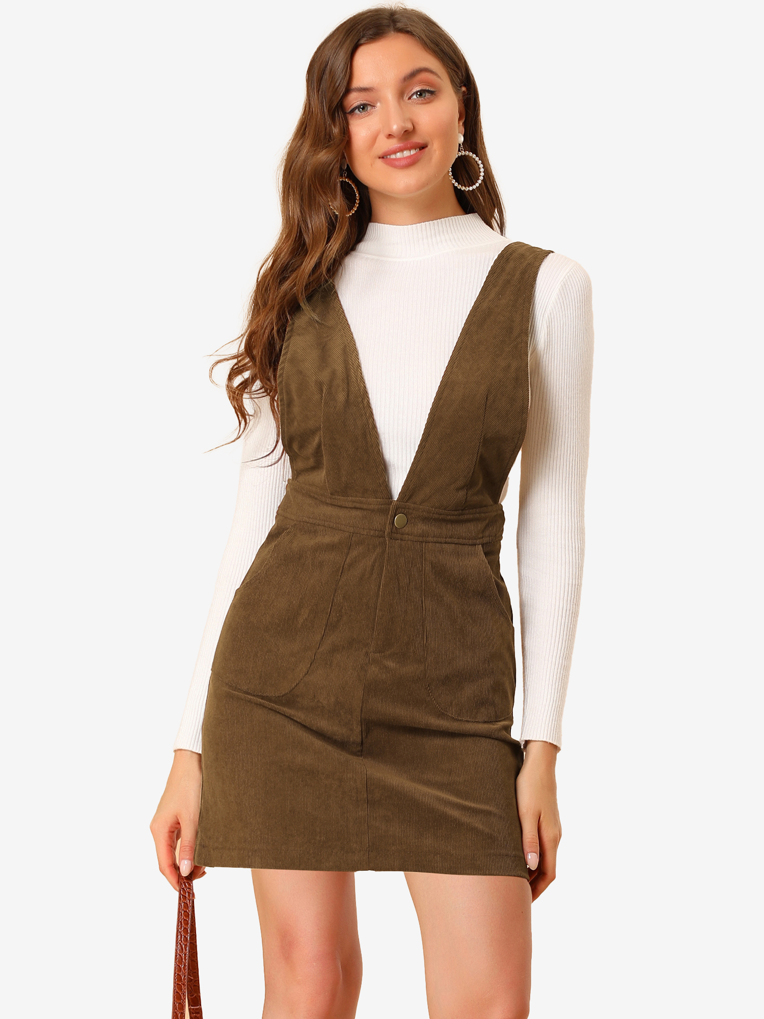 Corduroy Overall V Neck Strap Mini Pinafore Dress Brown/S - Allegra K catalog