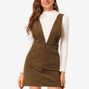 Corduroy Overall V Neck Strap Mini Pinafore Dress Brown/L - Allegra K catalog