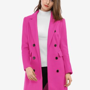Winter Long Sleeve Notched Lapel Double Breasted Trench Coat Fuchsia/XS - Allegra K catalog