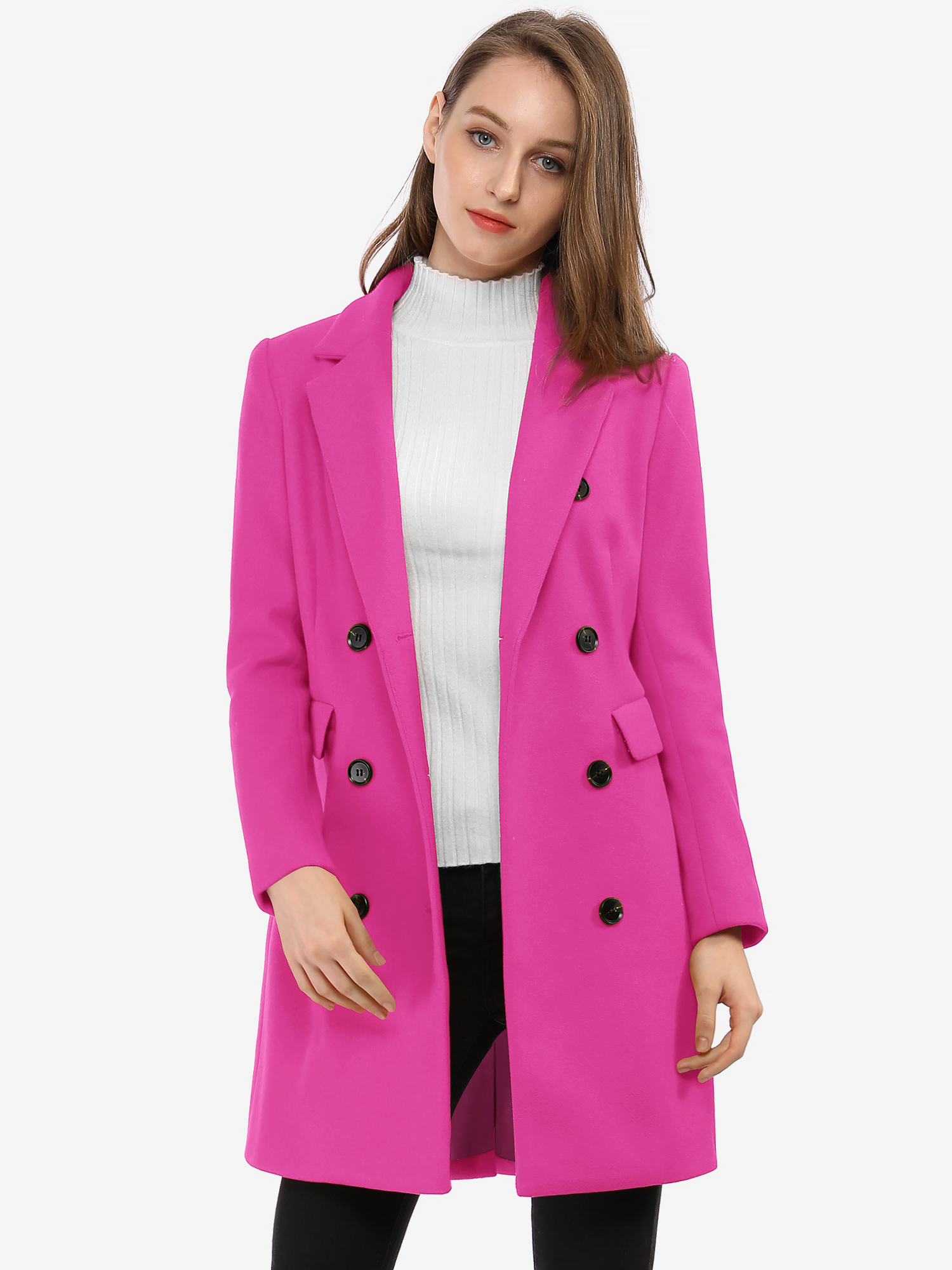 Winter Long Sleeve Notched Lapel Double Breasted Trench Coat Fuchsia/XS - Allegra K catalog