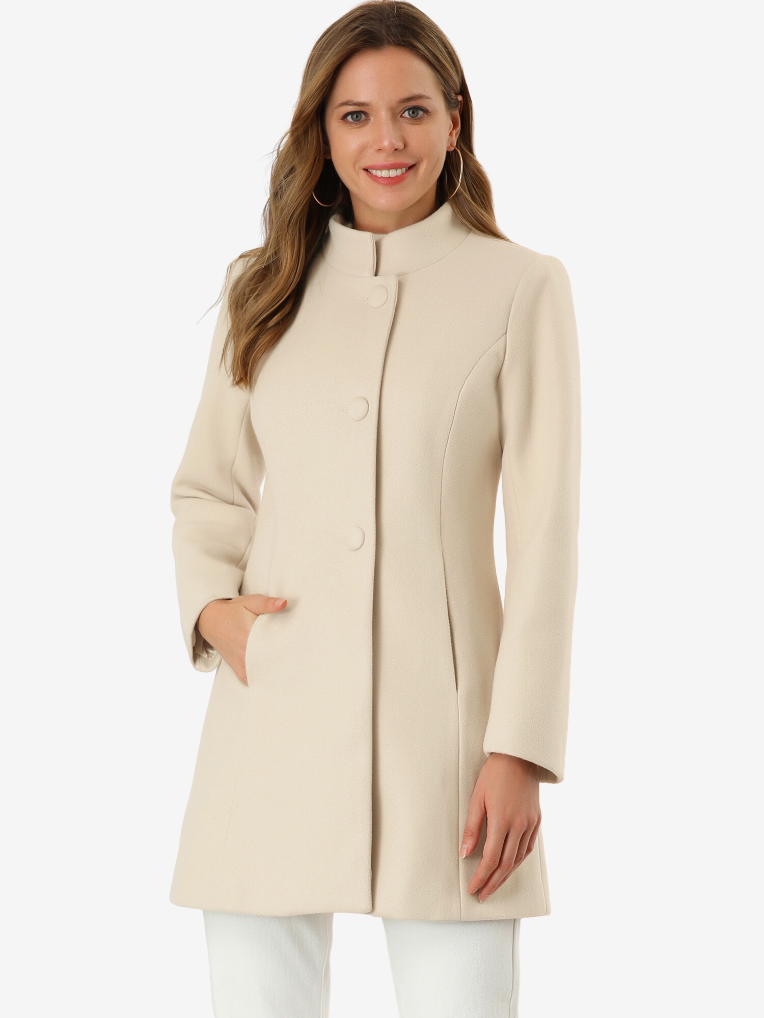 Stand Collar Single Breasted Solid Color Pea Coat Beige/XL - Allegra K catalog