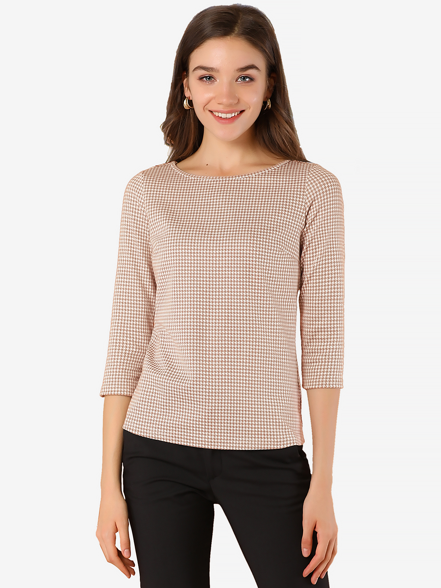 Work Office 3/4 Sleeve Boat Neck Houndstooth Printed Top Blouse Pinks/M - Allegra K catalog