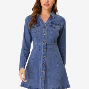 Button Down Collar V Neck Long Sleeve A-line Jean Denim Dress Light Blue/XS - Allegra K catalog