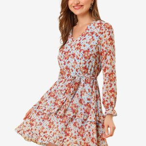 Long Sleeve V Neck Elastic Waist Ruffle Hem Chiffon Floral Dress Blue/M - Allegra K catalog