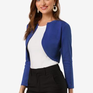 Curved Hem Long Sleeves Open Front Cropped Jacket Bolero Shrug Blue/XS - Allegra K catalog