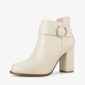 Round Toe Circle Buckle Chunky Heel Ankle Boots Beige/6 - Allegra K catalog