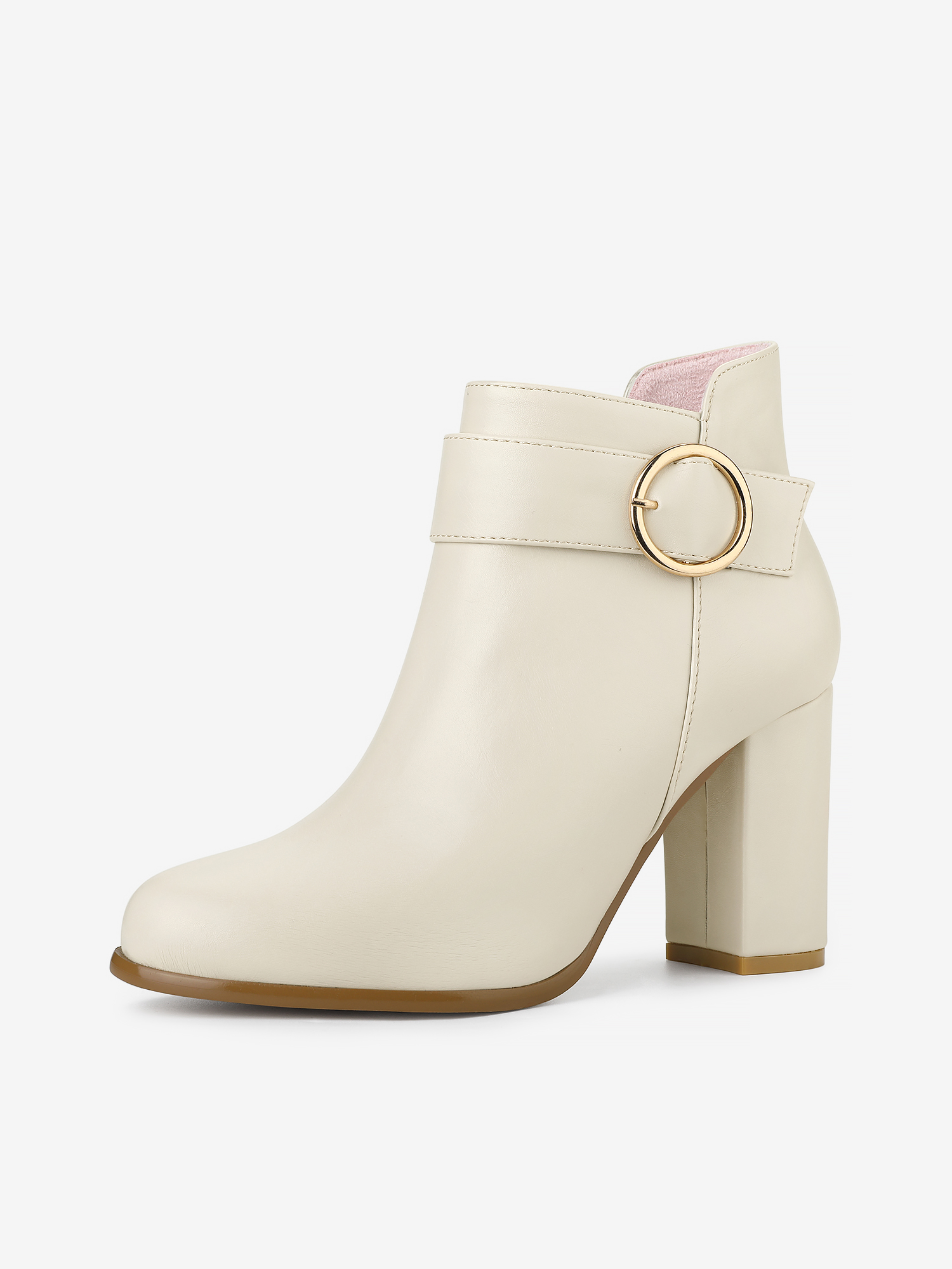 Round Toe Circle Buckle Chunky Heel Ankle Boots Beige/9.5 - Allegra K catalog