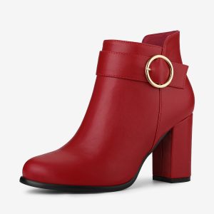 Round Toe Circle Buckle Chunky Heel Ankle Boots Red/9.5 - Allegra K catalog
