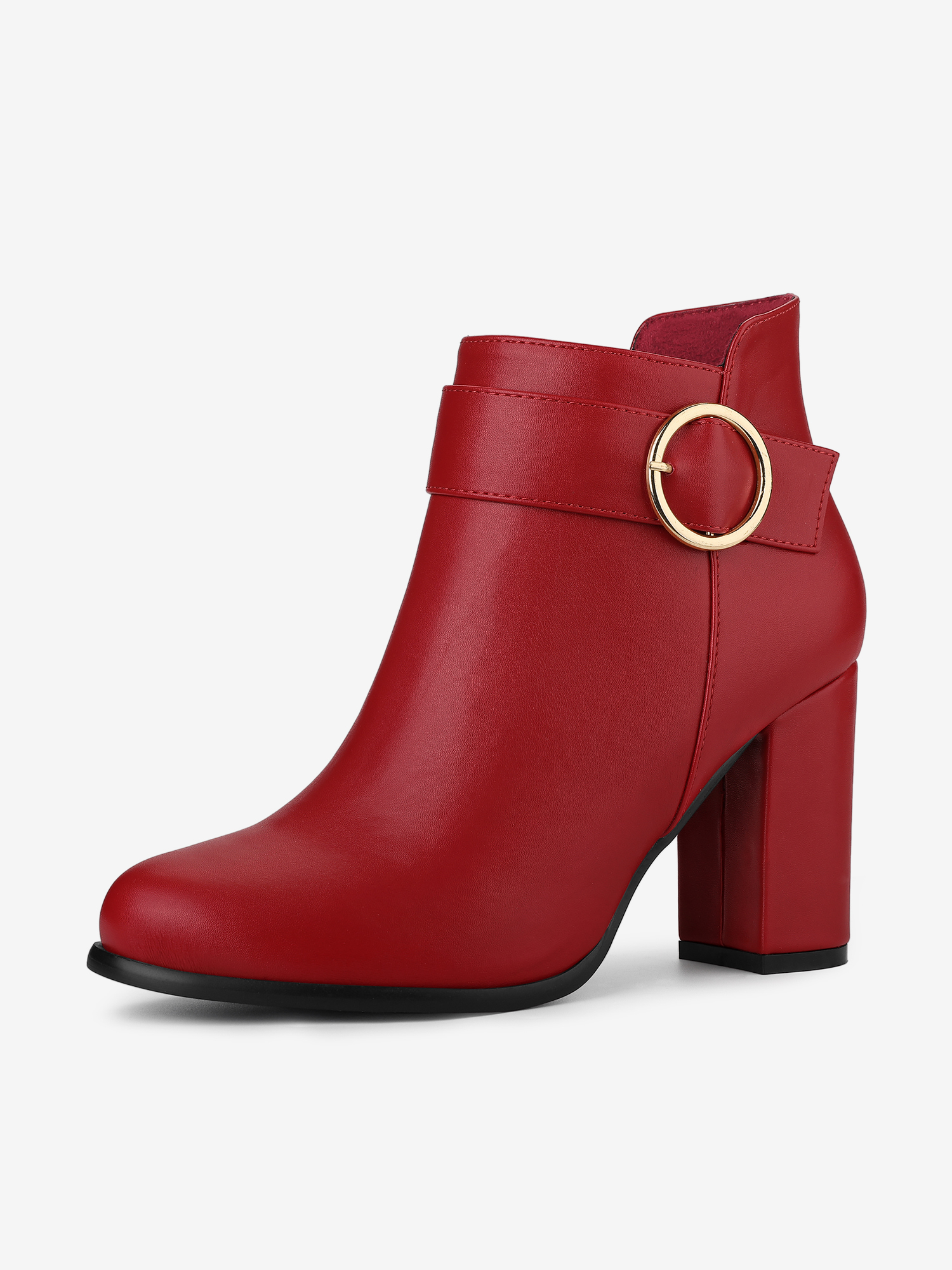 Round Toe Circle Buckle Chunky Heel Ankle Boots Red/9.5 - Allegra K catalog