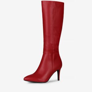 Pointed Toe Stiletto High Heel Zipper Knee High Boots Red/7.5 - Allegra K catalog