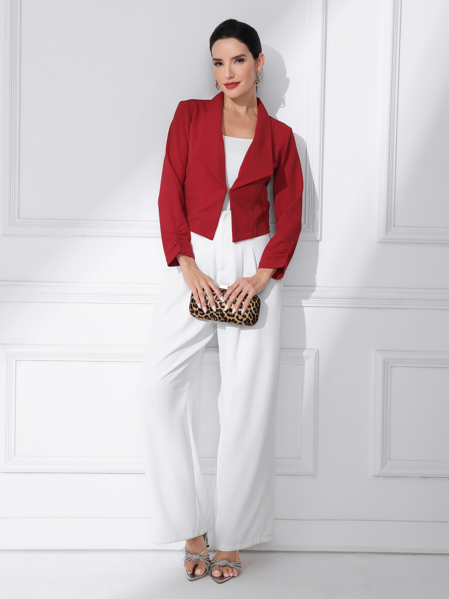 Notched Lapel Ruched Sleeve Business Cropped Jacket Blazer Red/M - Allegra K catalog