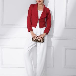 Notched Lapel Ruched Sleeve Business Cropped Jacket Blazer Red/L - Allegra K catalog