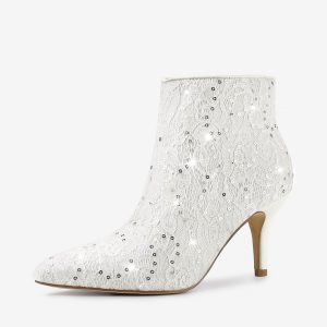 Glitter Sparkle Lace Stiletto Heel Party Sequin Ankle Boots Beaded White/6 - Allegra K catalog