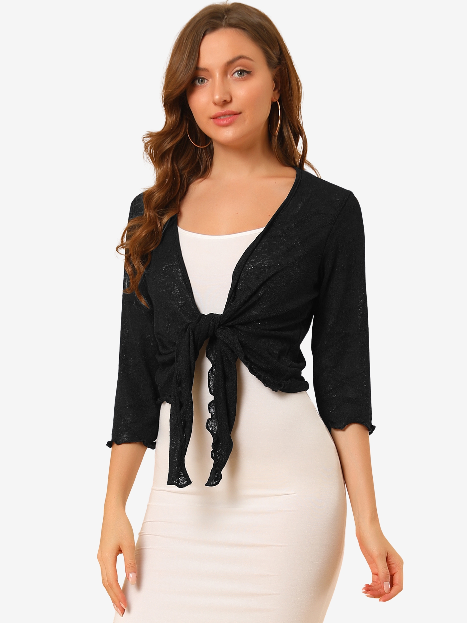 Open Front Knit Cardigan Tied 3/4 Sleeve Bolero Shrug Black/XS - Allegra K catalog