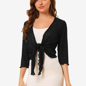 Open Front Knit Cardigan Tied 3/4 Sleeve Bolero Shrug Black/L - Allegra K catalog