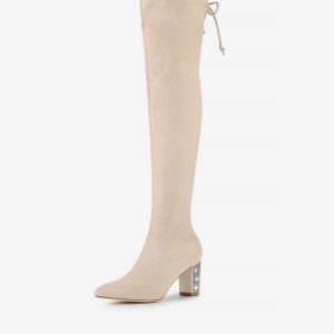 Chunky Heel Bling Rhinestone Over the Knee High Boots Beige/7 - Allegra K catalog