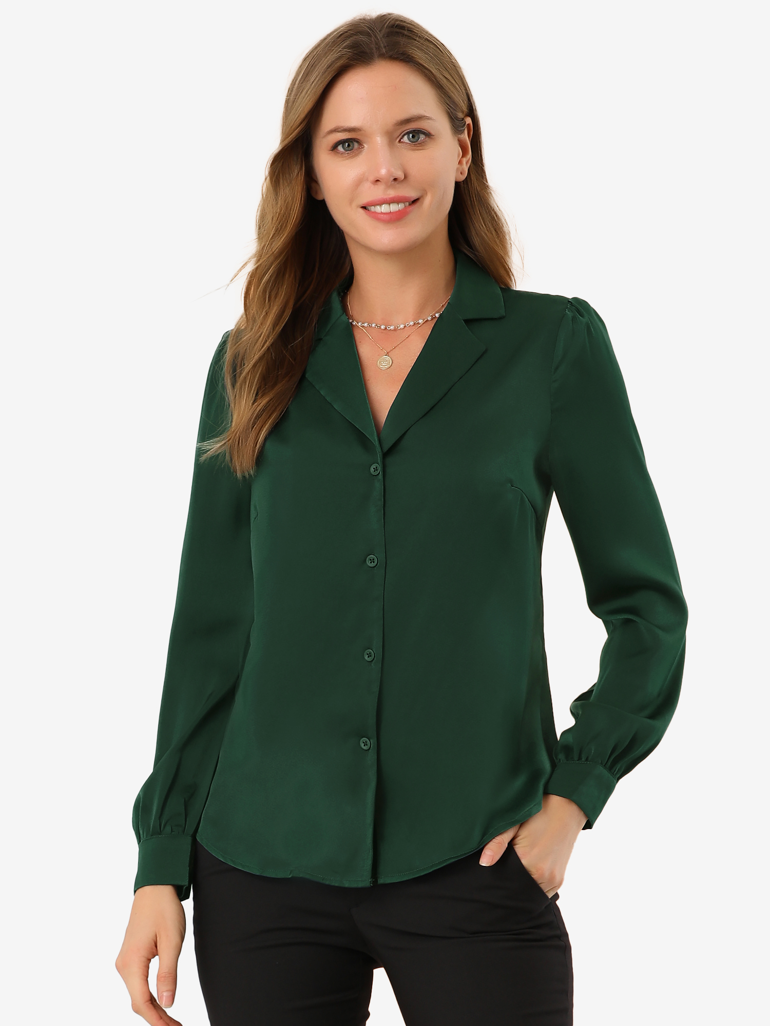 Elegant Collar Blouse Long Sleeve Work Office Satin Button Down Shirt Green/XS - Allegra K catalog