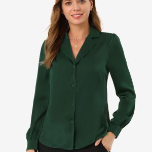 Elegant Collar Blouse Long Sleeve Work Office Satin Button Down Shirt Green/L - Allegra K catalog