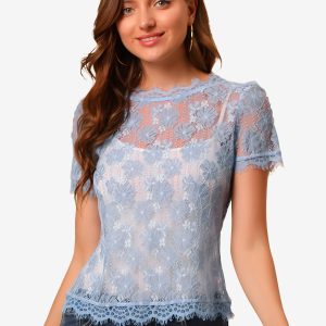 Lace Floral Scalloped Trim Short Sleeve Semi Sheer Blouse Blue/XS - Allegra K catalog