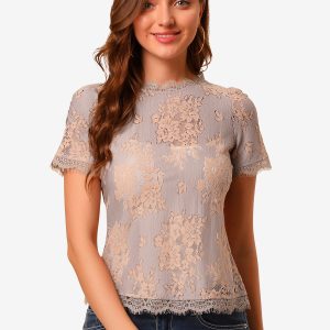 Lace Floral Scalloped Trim Short Sleeve Semi Sheer Blouse Purple/S - Allegra K catalog