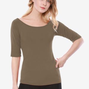 Scoop Neck Half Sleeves Fitted Layering Soft T-Shirt Dark Khaki/3XL - Allegra K catalog