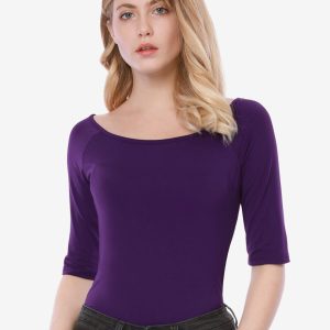 Scoop Neck Half Sleeves Fitted Layering Soft T-Shirt Dark Purple/2XL - Allegra K catalog