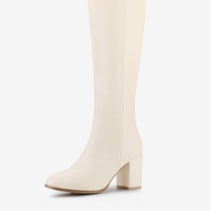 Round Toe Zip Block Heel Knee High Boots Cream White/5.5 - Allegra K catalog