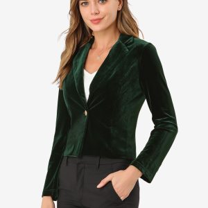 Single Button Velvet Lapel Business Crop Blazer Jacket Green/XL - Allegra K catalog