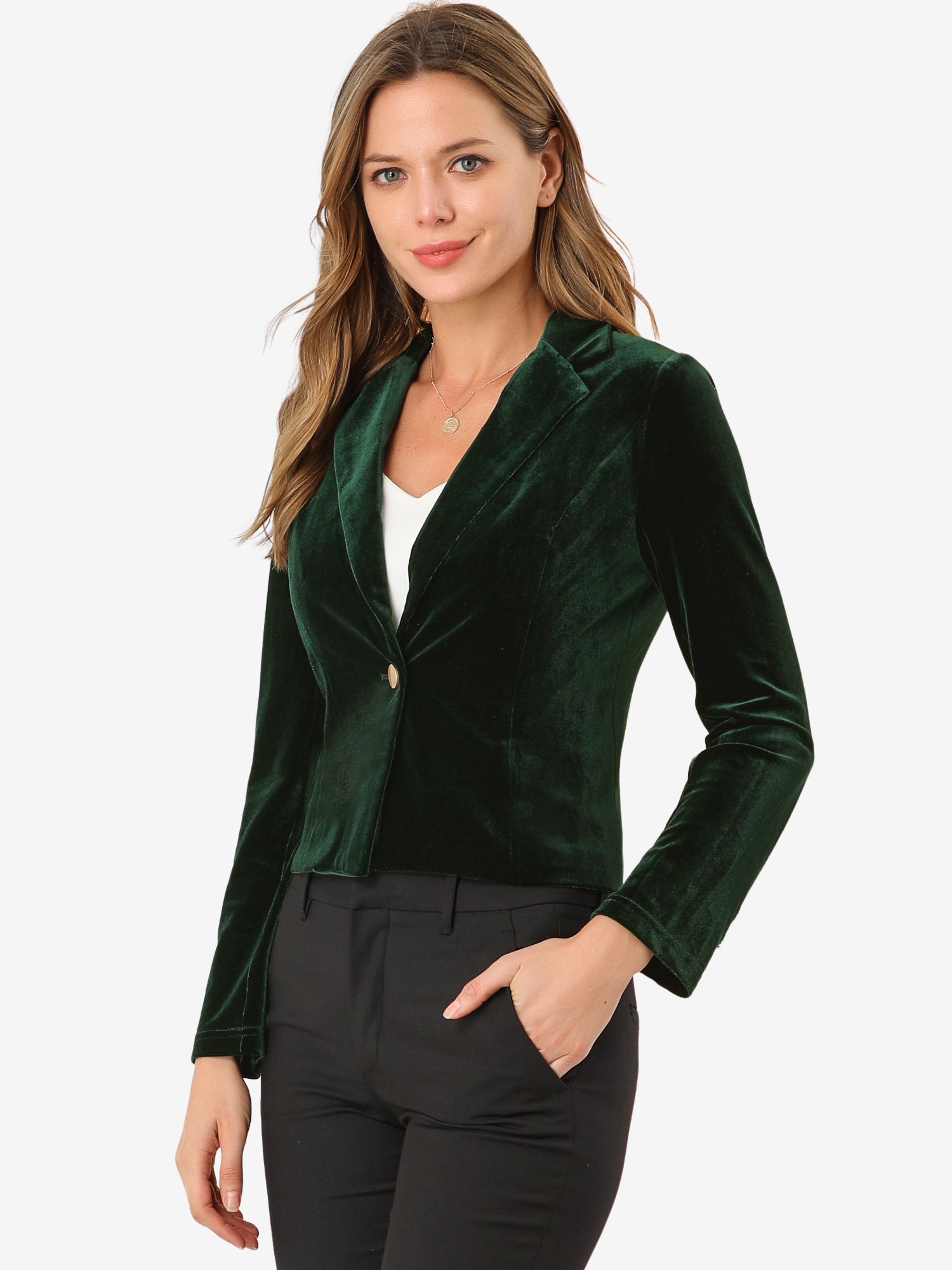 Single Button Velvet Lapel Business Crop Blazer Jacket Green/XL - Allegra K catalog