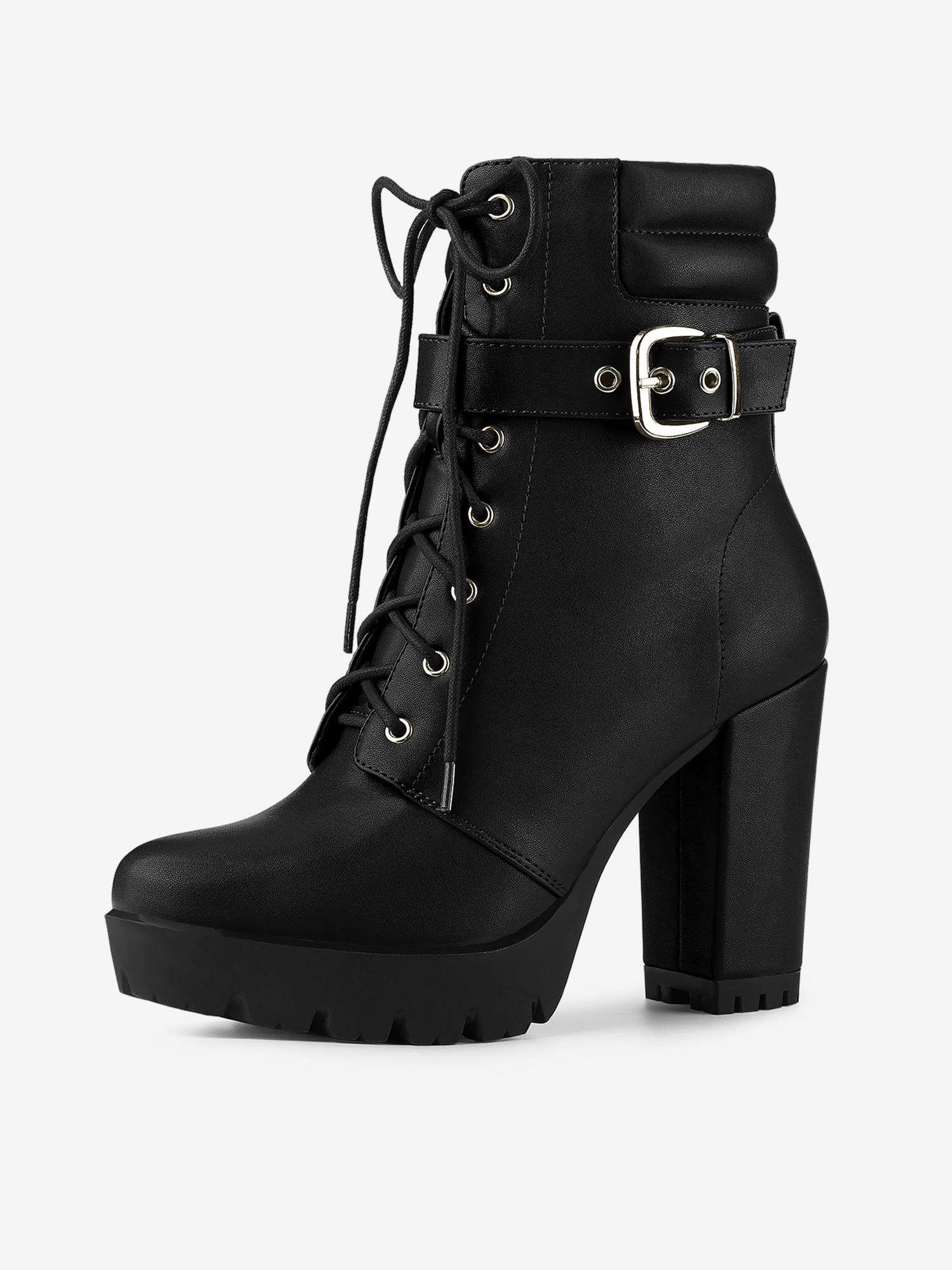 Lace Up Belt Decor Platform Block Heel Combat Ankle Boots Black/6.5 - Allegra K catalog