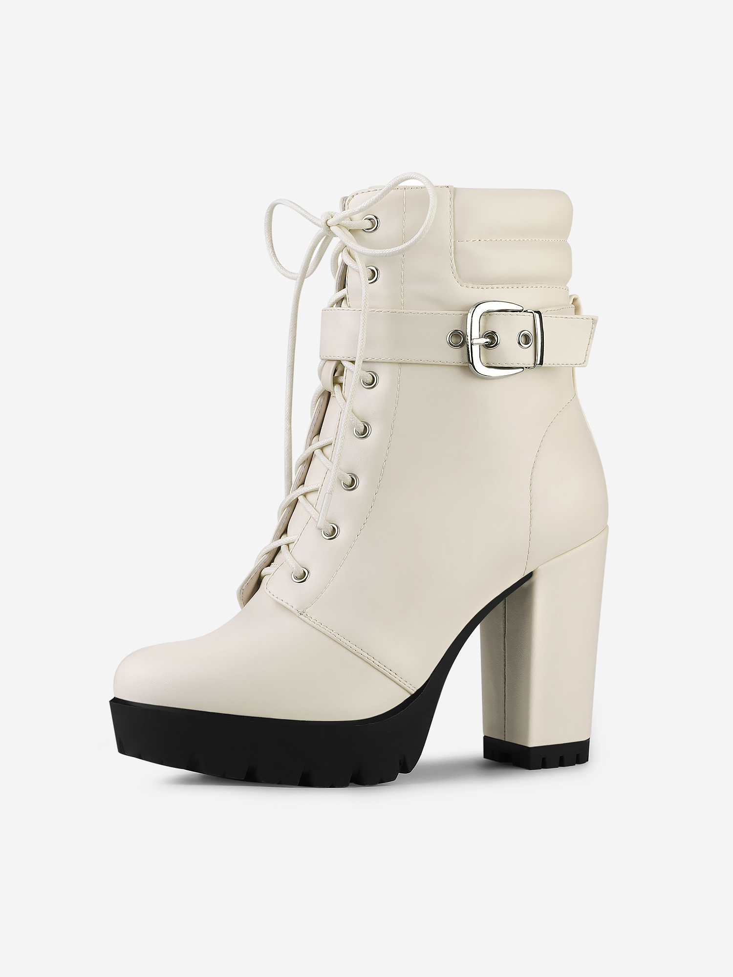 Lace Up Belt Decor Platform Block Heel Combat Ankle Boots Beige/9 - Allegra K catalog
