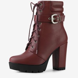 Lace Up Belt Decor Platform Block Heel Combat Ankle Boots Burgundy/7 - Allegra K catalog