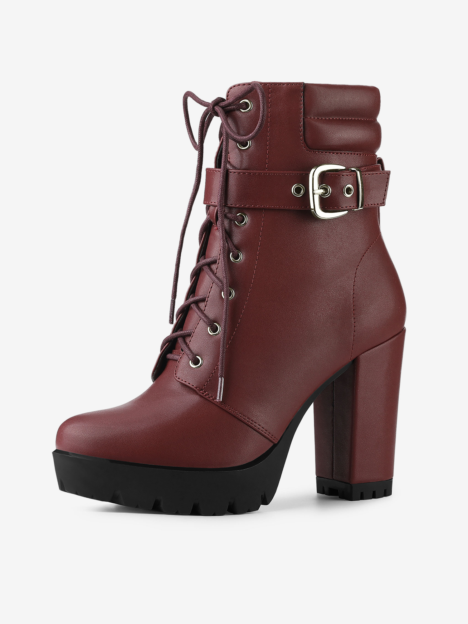 Lace Up Belt Decor Platform Block Heel Combat Ankle Boots Burgundy/8 - Allegra K catalog