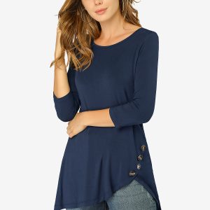3/4 Sleeve Round Neck Button Decor Casual Stretchy Tunic Tops Dark Blue/3XL - Allegra K catalog