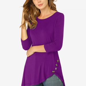 3/4 Sleeve Round Neck Button Decor Casual Stretchy Tunic Tops Purple/2XL - Allegra K catalog
