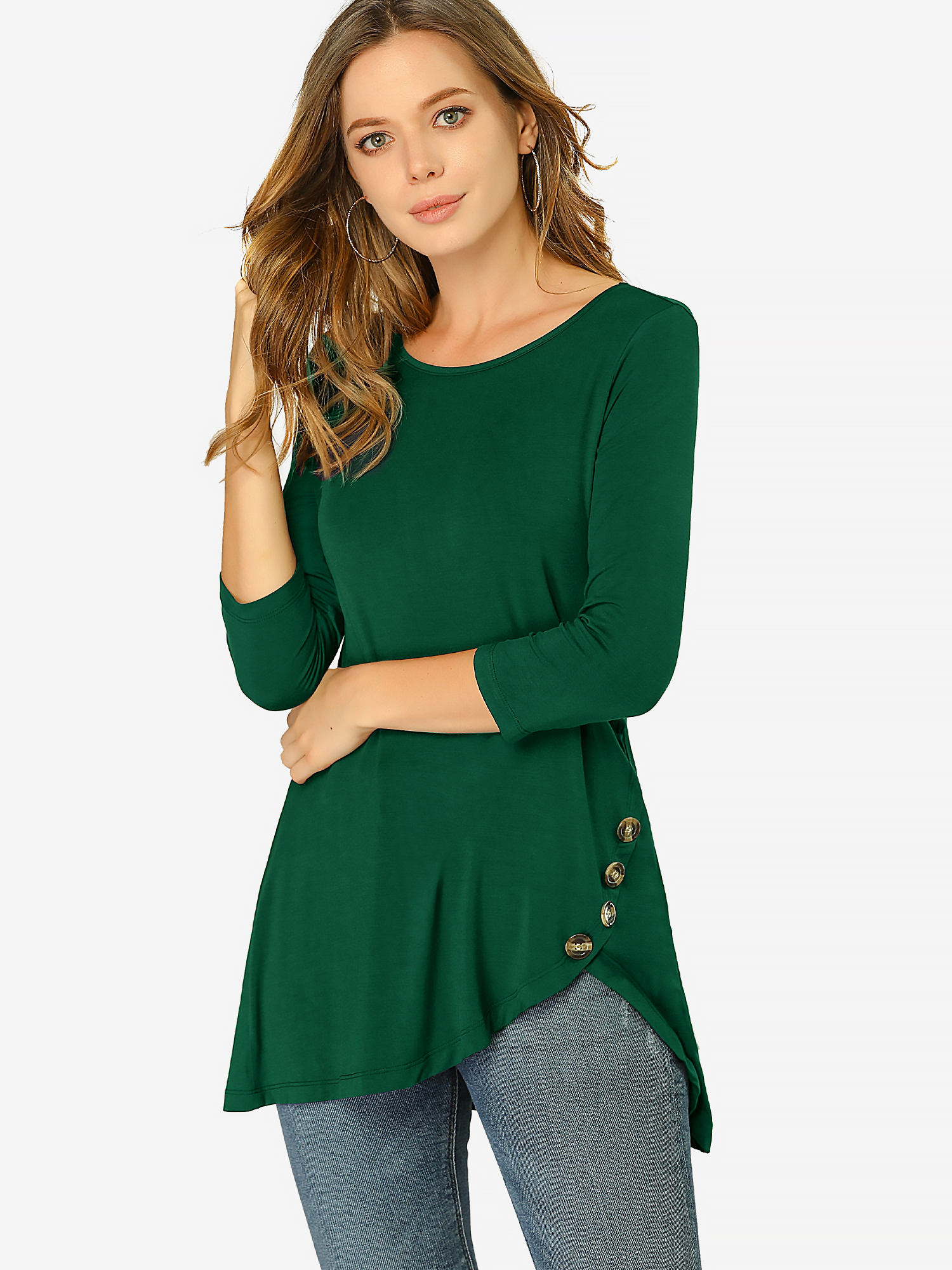 3/4 Sleeve Round Neck Button Decor Casual Stretchy Tunic Tops Dark Green/2XL - Allegra K catalog