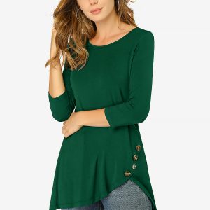 3/4 Sleeve Round Neck Button Decor Casual Stretchy Tunic Tops Dark Green/3XL - Allegra K catalog