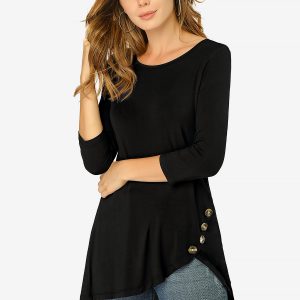 3/4 Sleeve Round Neck Button Decor Casual Stretchy Tunic Tops Black/L - Allegra K catalog
