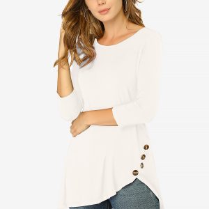 3/4 Sleeve Round Neck Button Decor Casual Stretchy Tunic Tops White/S - Allegra K catalog