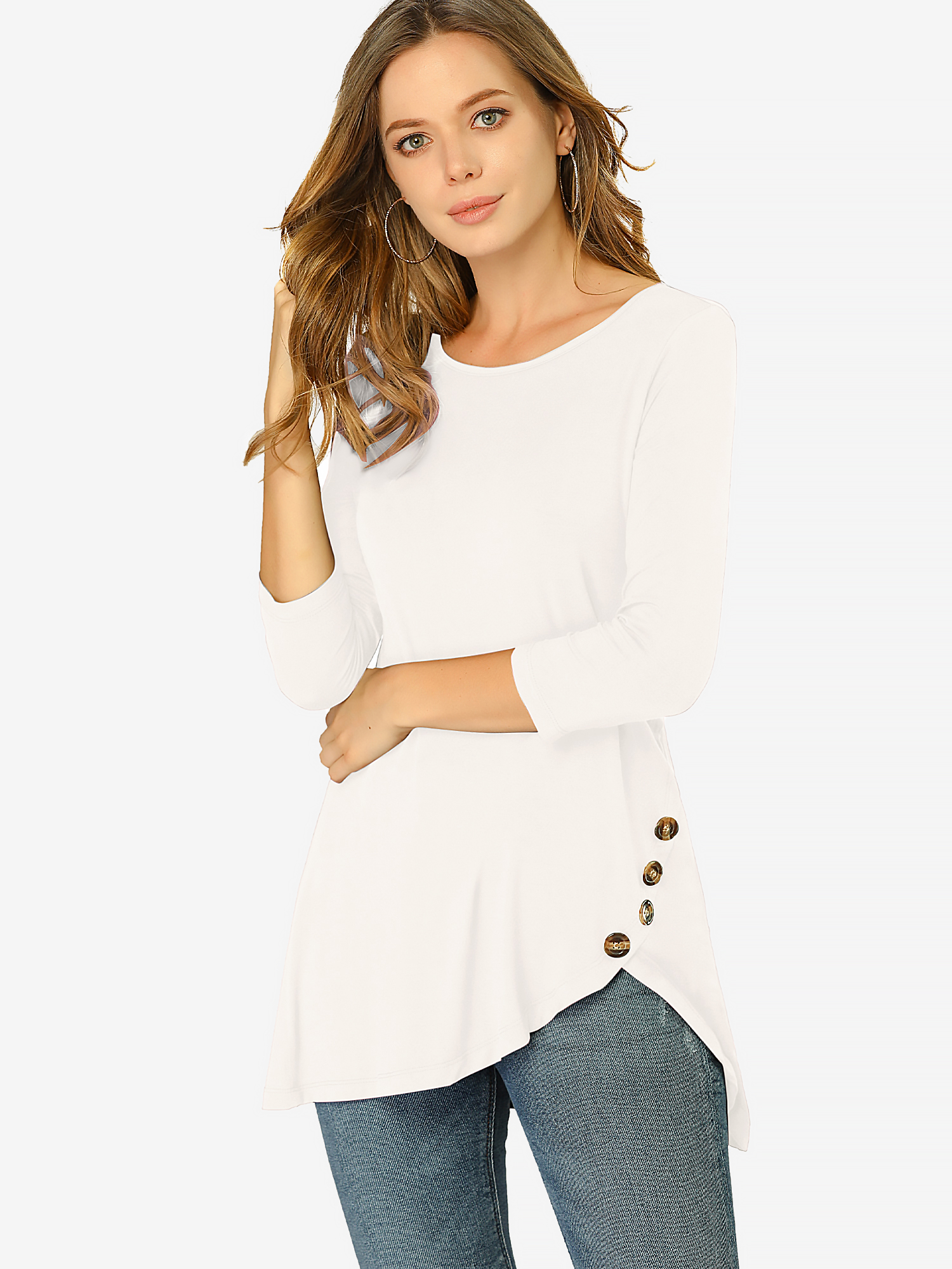 3/4 Sleeve Round Neck Button Decor Casual Stretchy Tunic Tops White/L - Allegra K catalog