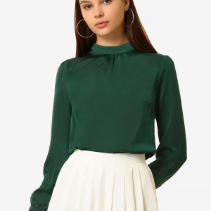 Satin Blouse Puff Sleeve Stand Collar Work Top Dark Green/S - Allegra K catalog