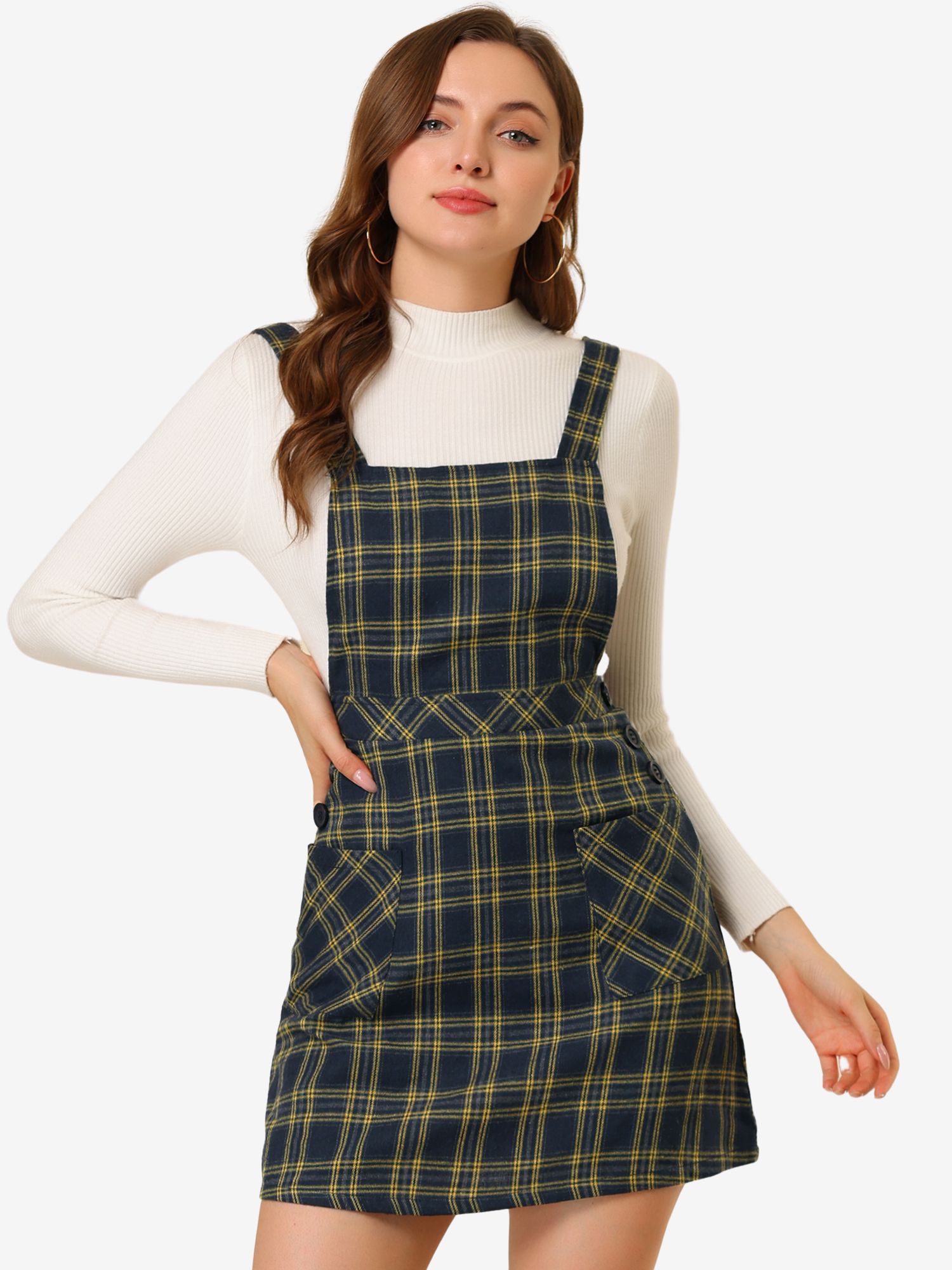 Plaid Tartan Button Decor A-Line Pinafore Overall Dress Navy Blue/XS - Allegra K catalog