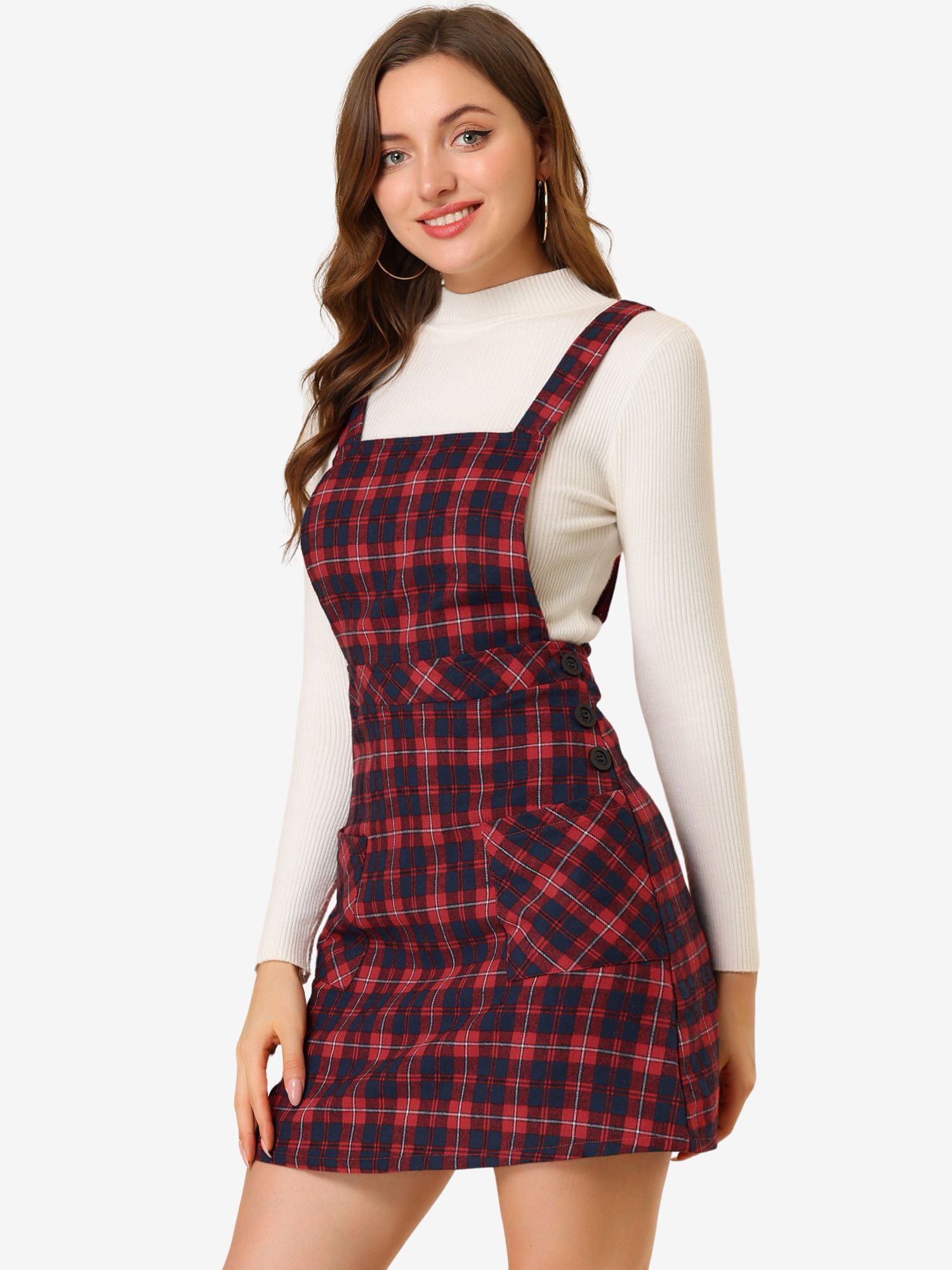 Plaid Tartan Button Decor A-Line Pinafore Overall Dress Red/XL - Allegra K catalog