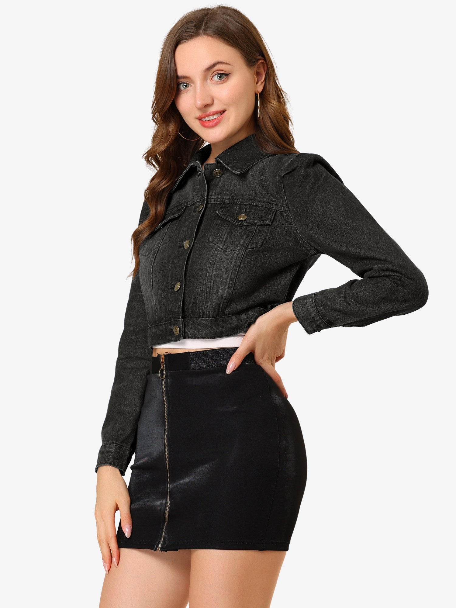Lightweight Button Down Puff Sleeve Cropped Denim Jacket Black/S - Allegra K catalog