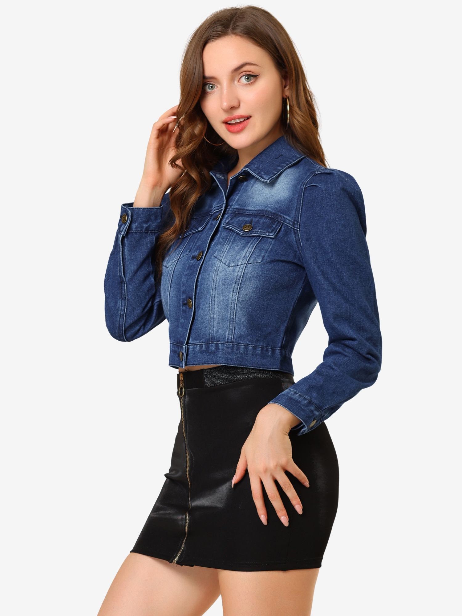 Lightweight Button Down Puff Sleeve Cropped Denim Jacket Dark Blue/XS - Allegra K catalog